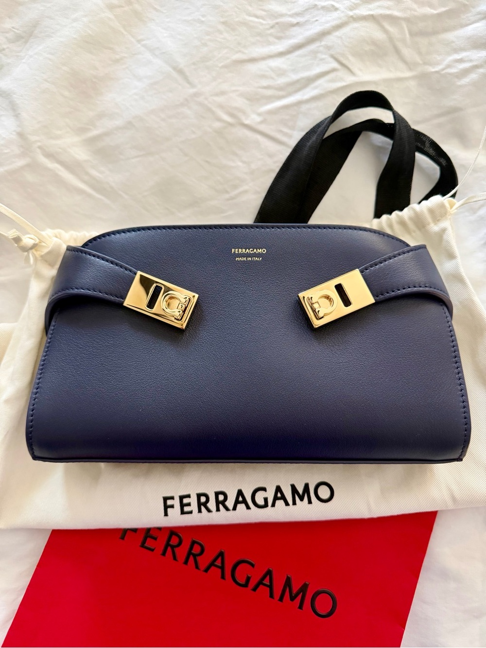 Salvatore Ferragamo Navy Leather Shoulder Bag with Gold Hardware NWT